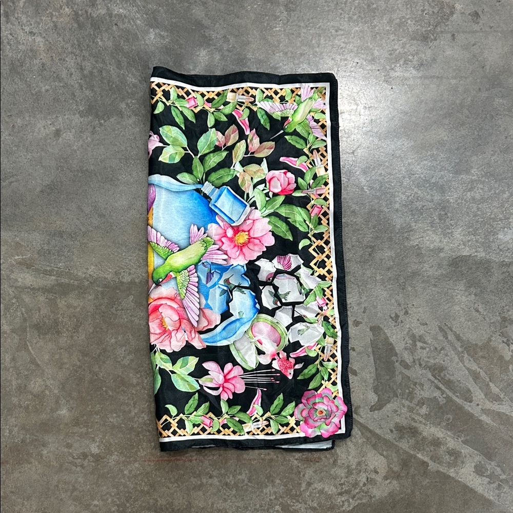 Floral and Bird Silk Scarf - Black, Pink, Green, Blue